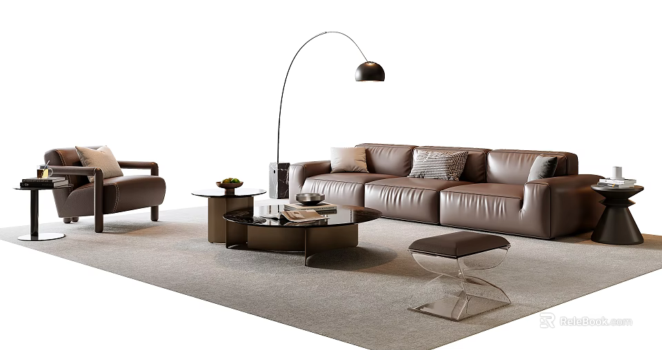 Elegant Modern Leather Sofa and Coffee Table Set with Pillows Floor Lamp and Accent Stool 3d model 