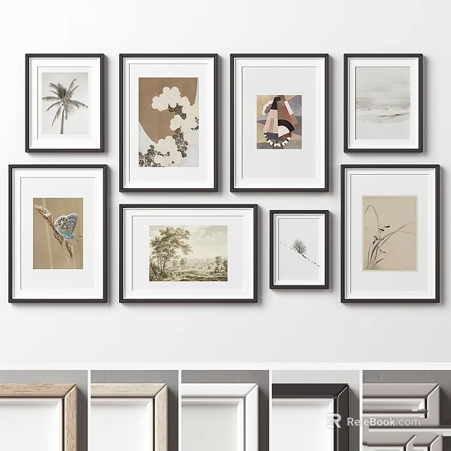 Decorative Photo Frames With Various Art Prints Hanging On White Wall 3d model 