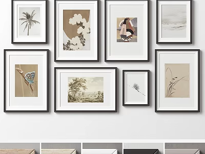 Decorative Photo Frames With Various Art Prints Hanging On White Wall 3d model