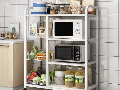 Practical Kitchen Storage Shelf With Wheels Microwave Vegetables Jars And Bowls Near Cabinet 3d model