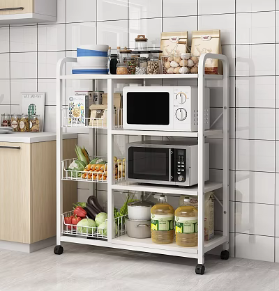 Practical Kitchen Storage Shelf With Wheels Microwave Vegetables Jars And Bowls Near Cabinet 3d model