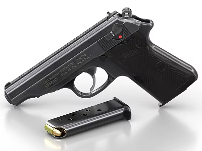 Detailed Close Up Of Black Handgun With Detachable Magazine And Ammunition 3d model