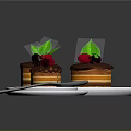 Delicious Mini Cakes With Chocolate Topping Fresh Berries And Green Leaves On White Plates
