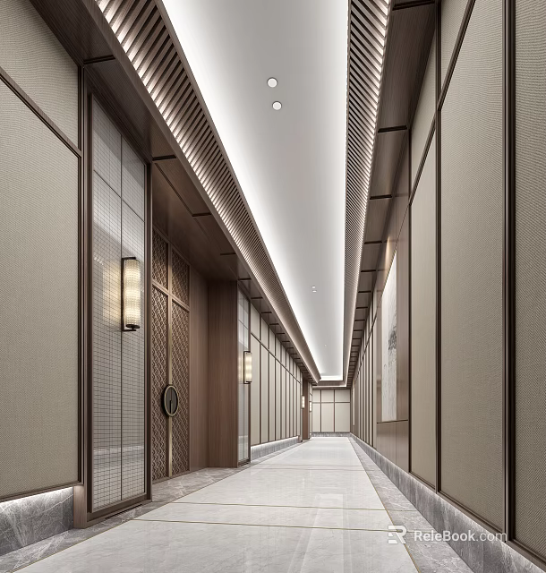 Modern Hotel Corridor Interior With Soft Lighting And Elegant Wall Decor 3d model