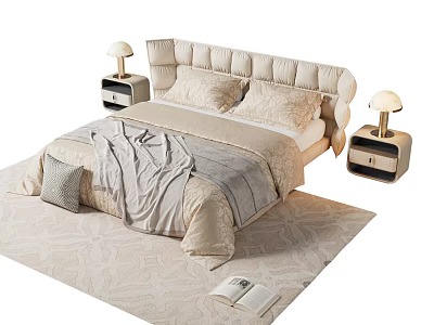 Beige Upholstered Double Bed With Bedspread Pillows Nightstands Table Lamps And Open Book On Rug 3d model