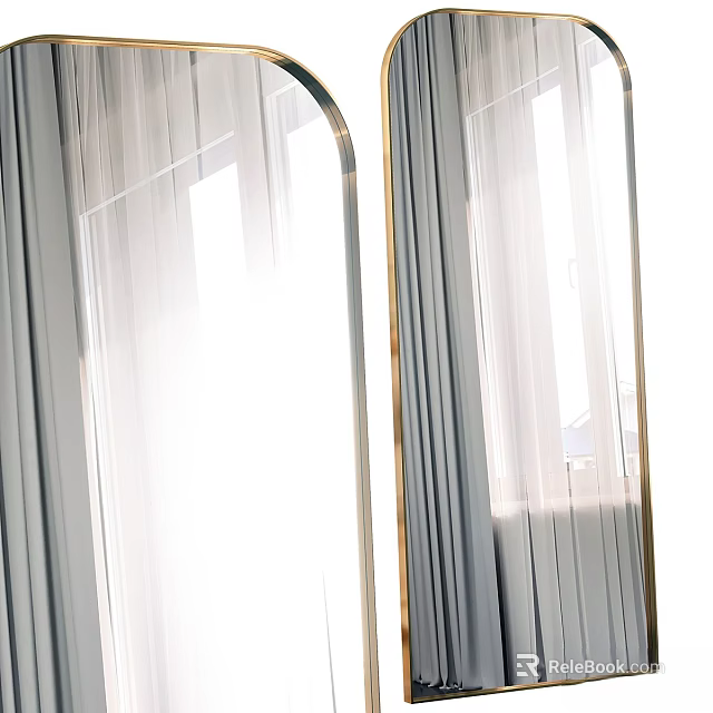 Modern Gold Framed Mirror In Bright Interior With Sheer Curtains And Natural Light 3d model 