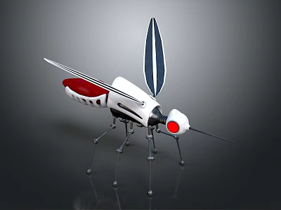 White Mechanical Insect With Red Eye Blue Wings Long Legs And Thin Proboscis 3d model