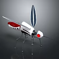 White Mechanical Insect With Red Eye Blue Wings Long Legs And Thin Proboscis