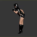 Woman With Long Black Hair In Stylish Black Outfit Holding Knife And Long Boots