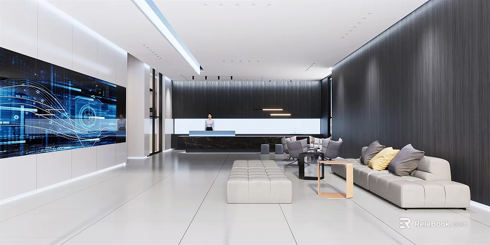 Modern Elegant Front Desk Reception Area With Sofa TV Wall And Marble Countertop 3d model 