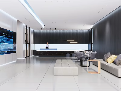 Modern Elegant Front Desk Reception Area With Sofa TV Wall And Marble Countertop 3d model