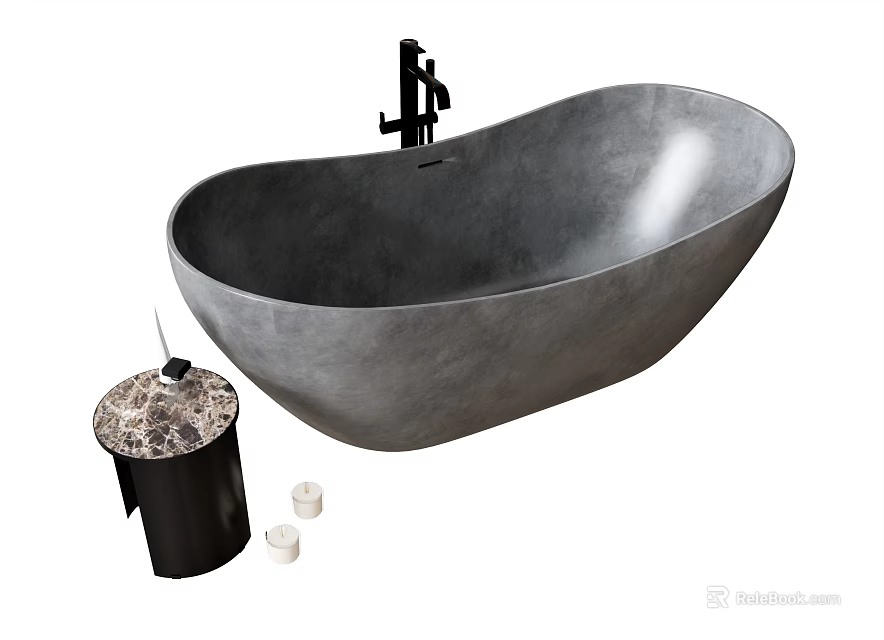 Freestanding Gray Concrete Oval Bathtub With Black Faucet Marble Side Table And White Candles 3d model 