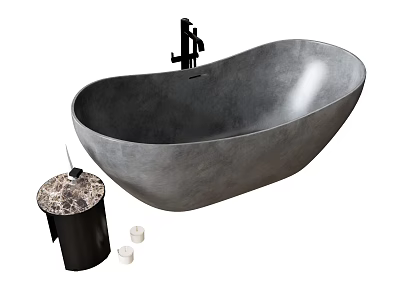 Freestanding Gray Concrete Oval Bathtub With Black Faucet Marble Side Table And White Candles 3d model