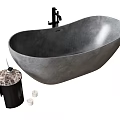 Freestanding Gray Concrete Oval Bathtub With Black Faucet Marble Side Table And White Candles
