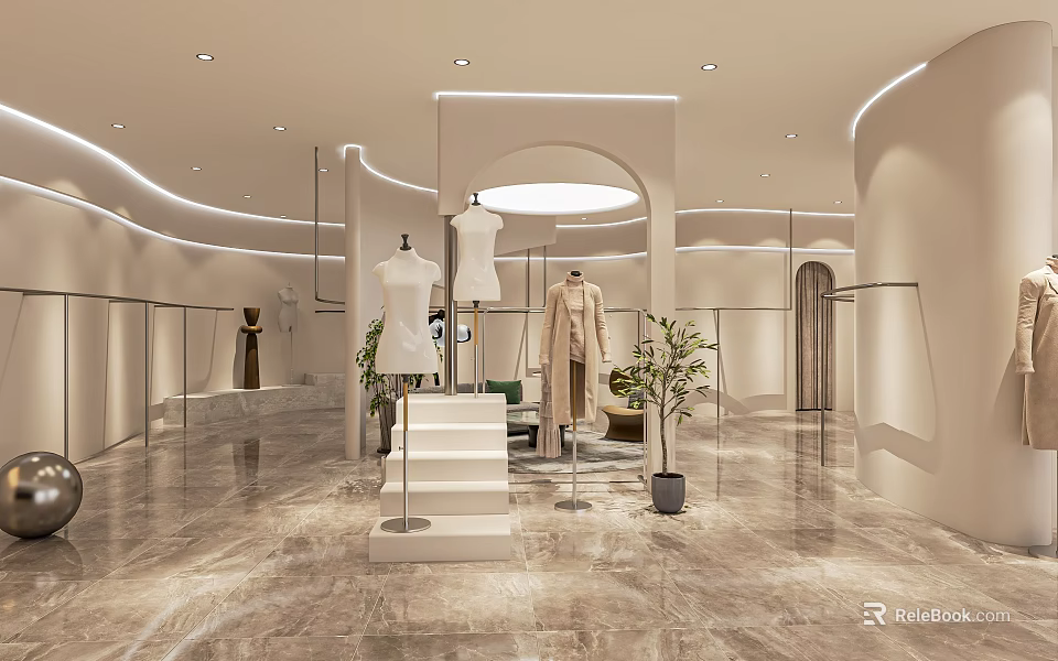 Modern Minimalist Clothing Store Interior With Mannequins Displayed Clothes Marble Floor And Plants 3d model 