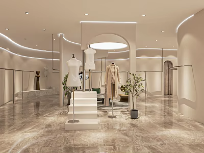 Modern Minimalist Clothing Store Interior With Mannequins Displayed Clothes Marble Floor And Plants 3d model