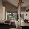 Hotel Guest Room With Wooden Decor Large Windows Cherry Blossom View And Minimalist Design