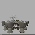 Modern Beige Dining Set with Round Table Curved Back Chairs Vase Branches and Fruit Bowl