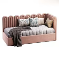 Pink Kids Bed With Scalloped Headboard Gray Dotted Mattress Pillows And Blanket