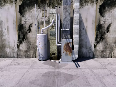 Industrial Equipment With Cylindrical Tank Square Unit Rusted Pipes Against Grey Weathered Walls Concrete Floor 3d model