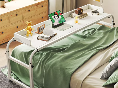 Cozy Bedroom With Green Blanket Overbed Table Laptop Table Lamp And Wooden Dresser 3d model