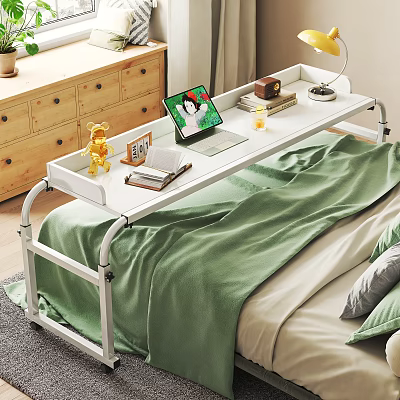 Cozy Bedroom With Green Blanket Overbed Table Laptop Table Lamp And Wooden Dresser 3d model