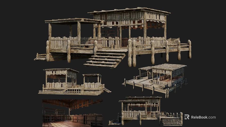 Ancient Traditional Wooden Architecture With Platforms Stairs Pillars And Roof Structures 3d model 