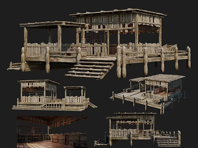 Ancient Traditional Wooden Architecture With Platforms Stairs Pillars And Roof Structures 3d model