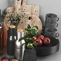 Essential Kitchenware With Wooden Cutting Board Glass Bottles Mugs And Fresh Apples