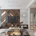 Modern Light Luxury Living Room With Chevron Wood Feature Wall And Comfy Light Fabric Sofa