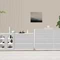 Modern White Entryway Cabinet And Sideboard With Drawers Glass Doors And Decorative Ornaments