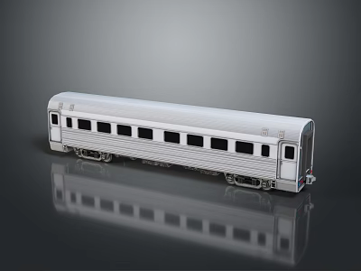 Silver Train Car Model With Multiple Windows And Reflection On Black Background 3d model