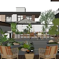 Beautiful Courtyard Garden With Wooden Chairs Outdoor Dining Area Lush Plants And Soft Lighting