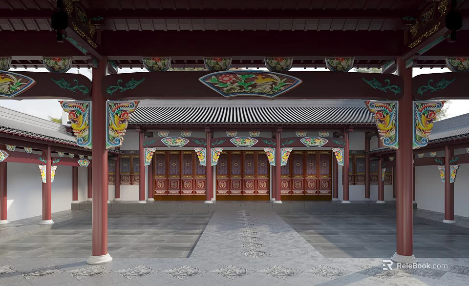 Ancient Architecture Featuring Traditional Wooden Structure Colorful Painted Beams And Ornate Columns 3d model 