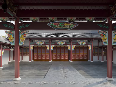 Ancient Architecture Featuring Traditional Wooden Structure Colorful Painted Beams And Ornate Columns 3d model
