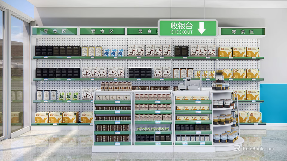 Well Arranged Retail Store Checkout Counter With Various Snacks Beverages And Packaged Goods On Shelves 3d model 