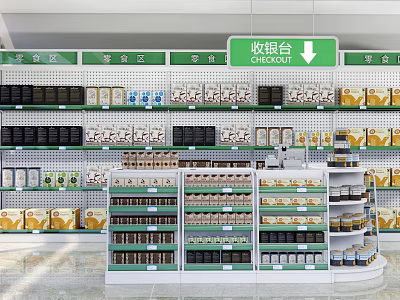 Well Arranged Retail Store Checkout Counter With Various Snacks Beverages And Packaged Goods On Shelves 3d model
