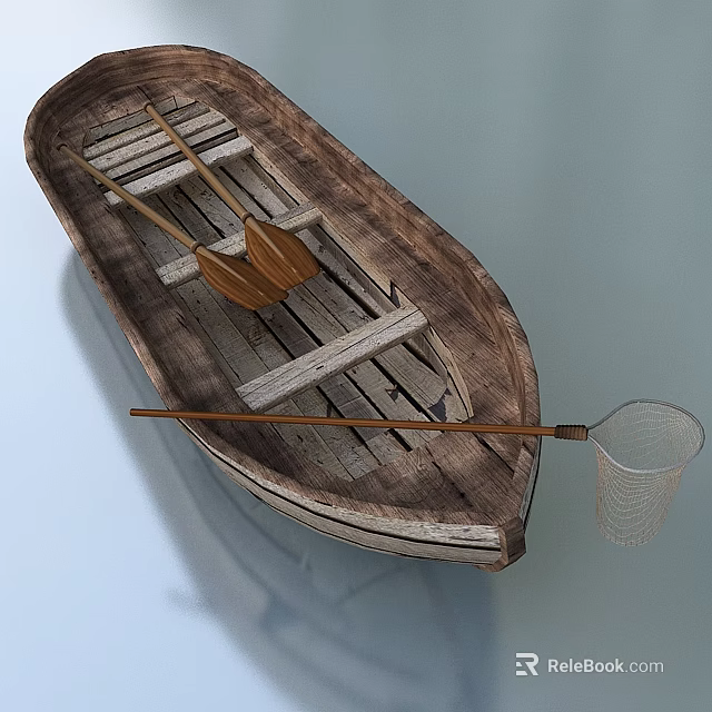 Rustic Wooden Boat Equipped with Wooden Oars and Fishing Net on Calm Water Surface 3d model 