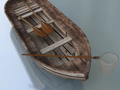 Rustic Wooden Boat Equipped with Wooden Oars and Fishing Net on Calm Water Surface 3d model