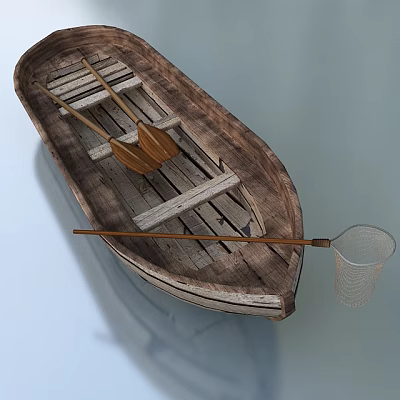 Rustic Wooden Boat Equipped with Wooden Oars and Fishing Net on Calm Water Surface 3d model