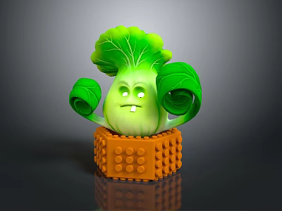 Cute Green Leafy Vegetable With A Face And Curly Leaves Placed In Orange Block Container 3d model