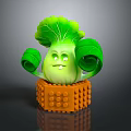 Cute Green Leafy Vegetable With A Face And Curly Leaves Placed In Orange Block Container