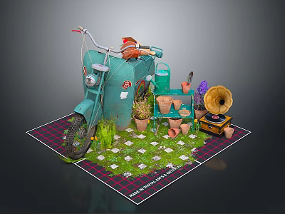 Vintage Green Motorcycle Decorative Display With Flower Pots Gramophone And Checkerboard Grass On Plaid Rug 3d model