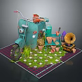 Vintage Green Motorcycle Decorative Display With Flower Pots Gramophone And Checkerboard Grass On Plaid Rug
