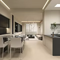 Modern Living and Dining Room Interior With Black Cabinets White Table And Curved Pendant Lights