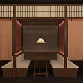 Japanese Restaurant Interior With Red Awning Wooden Structure Lantern Pendant Lights And Booth Seating