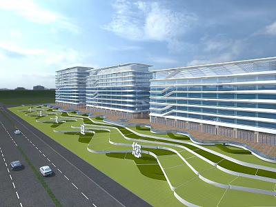 Modern Office Buildings Exterior With Glass Curtain Walls And Landscaped Gardens 3d model