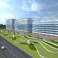 Modern Office Buildings Exterior With Glass Curtain Walls And Landscaped Gardens