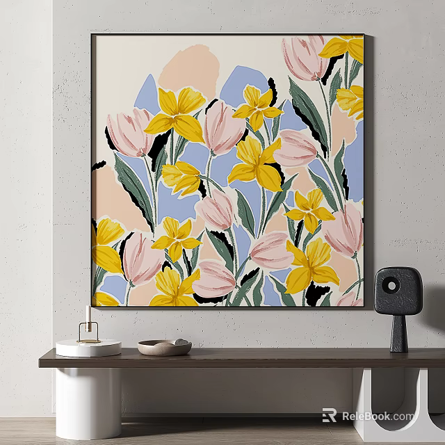 Vibrant Floral Plant Painting With Yellow Pink Flowers And Green Leaves 3d model 