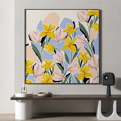 Vibrant Floral Plant Painting With Yellow Pink Flowers And Green Leaves 3d model
